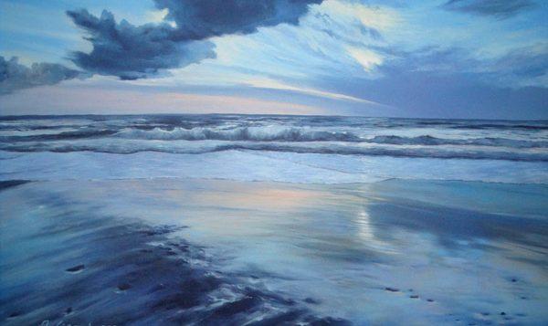 "Ascolto" opera quadro olio su tela mare onde sabbia tramonto nuvole Andrea Cerqua artista